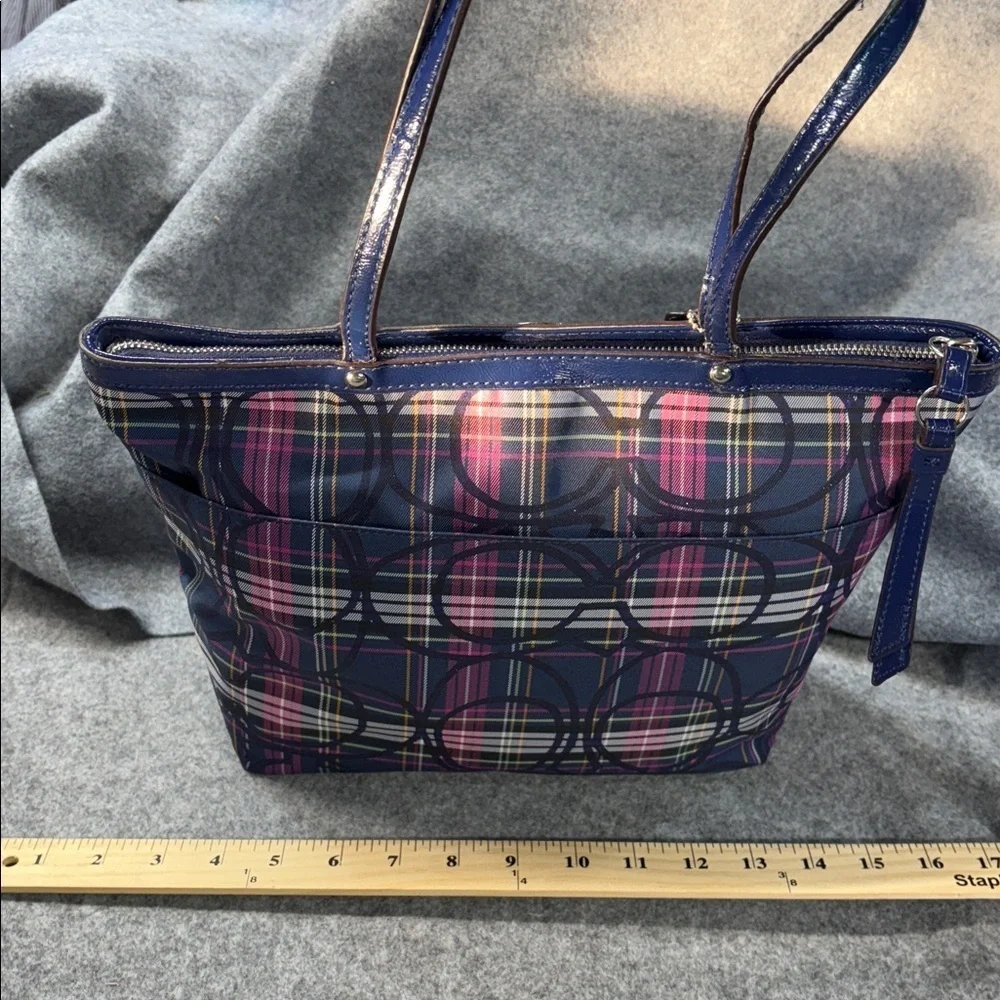 Coach Poppy leather trim Tartan Plaid Signature Bag Pink Purple Black Purse Bag